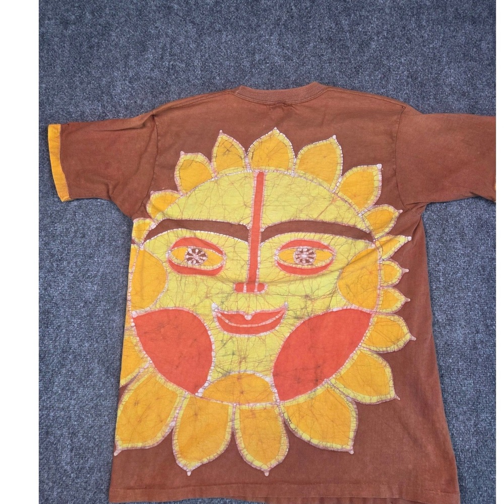 Vintage 70s 80s Hand Batik Sun Face T-Shirt Brown Boho Hippie Wearable Art